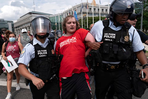 A demonstrator is taken into custody